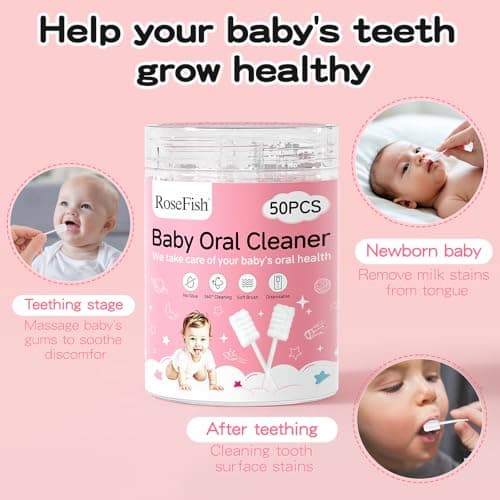 RoseFish 50Pcs Baby Tongue Cleaner for 0-36 Month No Glue Disposable Baby Mouth Oral Cleaner Infant Toothbrush Gum Cleaner 3D Soft Infant Tongue Cleaner+1PCS Finger Toothbrush - Thumbnail 3