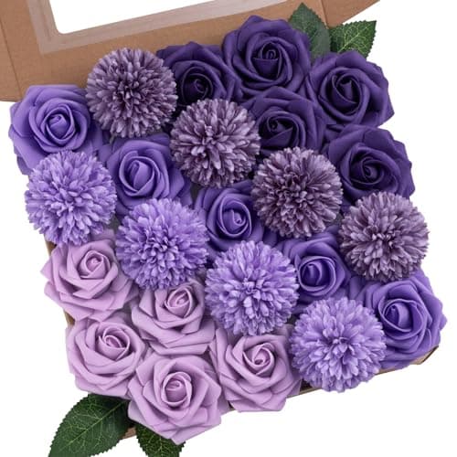 Purple Artificial Flowers Combo, Fake Silk Dahlia Roses, Chrysanthemum Ball with Stems for Wedding Bridal Bouquets, Baby Shower, Party, Table Centerpieces, Home Decor & DIY Floral Arrangements - Image 1