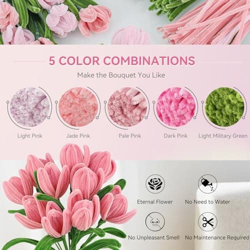 Beginner DIY Pipe Cleaner Craft Starter Kit with Step-by-Step Tutorial Video, 500 Pcs Thick 12in x 8mm Chenille Stems, Holiday & Room Decor, Family Handmade Projects (Pink) - Thumbnail 3