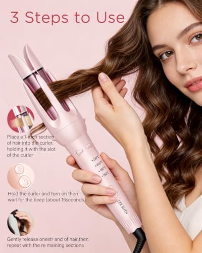 ZZR SEVEN 2 in 1 Automatic Curling Iron with 1.25 Inch Ceramic Barrel, Straightening Comb, Hair Curler Tools, Rotating Curling Iron with 4 Temp, 10S Fast Heating, Dual Voltage (Pink) - Thumbnail 4