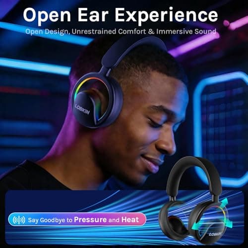 LOBKIN Open Ear Headphones, Bluetooth 6.0 Wireless Headset with Detachable Mic, Adjustable RGB Lights, Voice Assistant Comfortable Breathable Safe Lightweight Over Ear Headphones for Working Gaming - Thumbnail 2