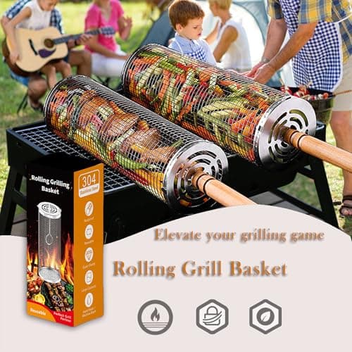 Rolling Grill Basket 2 Pcs,BBQ Baskets for Grilling,Removable Wooden Handle, Grilling Basket for Vageatbles Meat Food,304 Stainless Steel,Round Stainless Steel Grill Baskets for Outdoor Grill - Thumbnail 4