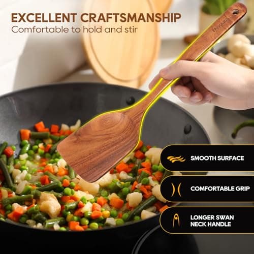Wooden Spoons for Cooking, 10 PCS Teak Wood Cookware Utensil Set with Hooks - Smooth Finish, Non-Stick, Comfortable Grip, Heat Resistant Kitchen Utensils Gift Box - Thumbnail 5