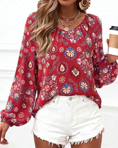 Zenlonr Womens Fall Tops Dressy Casual 2025 V Neck Satin Silk Printed Shirts Boho Long Sleeve Work Blouses(Floral Wine Red Blue,Large) - Thumbnail 4