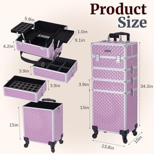 TOPACK Professional 4-In-1 Rolling Makeup Train Case, Large Makeup Travel Case with Key Shoulder Strap/Handle Cushion I Makeup Train Case Organizer I Cosmetology Case on Wheels I Pink - Thumbnail 2