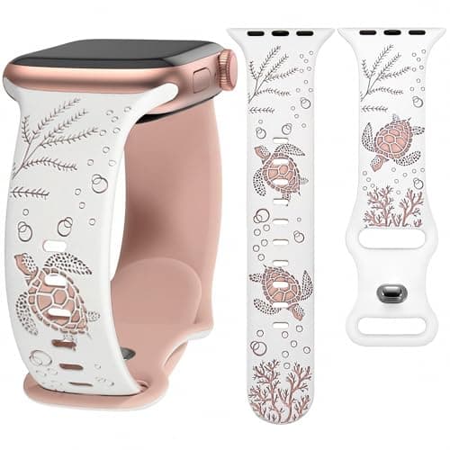 HMFCBFSS Engraved Cute Sea Turtle Band Compatible with Apple Watch Bands for Women Men 38mm 40mm 41mm 42mm, Stylish Two-Tone Floral Soft Silicone Sport Strap Fit iWatch Series 11 10 Se 9 8 7 6 5 4 3 2 1 (White/Sandy pink, 38mm/40mm/41mm/(42mm-Series 11 10) - Image 1