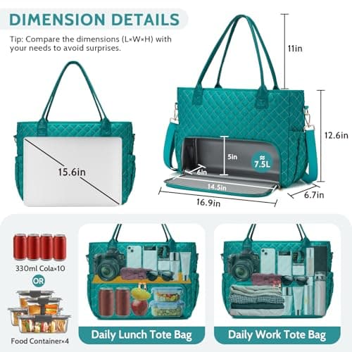 2-in-1 Lunch & Laptop Tote Bag｜15.6" Work Bags for Women｜Water-Resistant Polyester Casual｜Insulated Leakproof Lunch Compartment｜Teacher Nurse Bag｜Laptop Briefcase for Office Travel｜Lake Green - Thumbnail 3