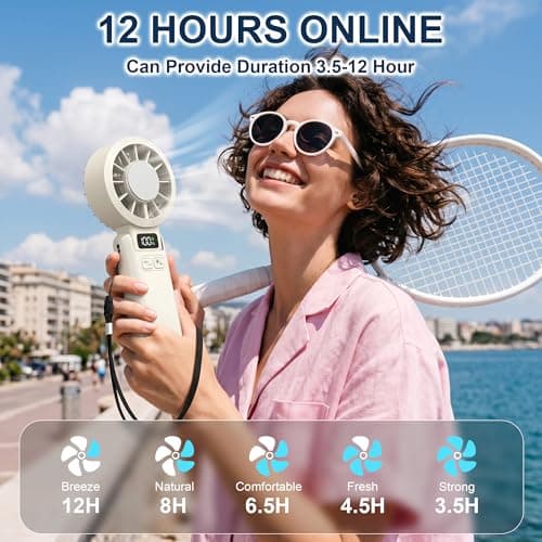 Husdensky Portable Handheld Fan with Ice Cooling, 5.5m/s High Speed, Foldable Neck Fan, 5-Speed LED Display, 12H Battery, Independent Switch, Personal Fans for Travel, Concerts, Sports Events - White - Thumbnail 5
