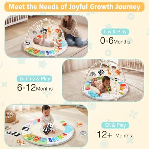 URMYWO Tummy Time Mat - Comfortable Baby Floor Play Mat Activity Gym for 0-3-6-18 Months, 6 Developmental Zones with 5 Detachable Toys for Motor Skills Sensory Development, Baby Essentials Shower Gift - Thumbnail 4