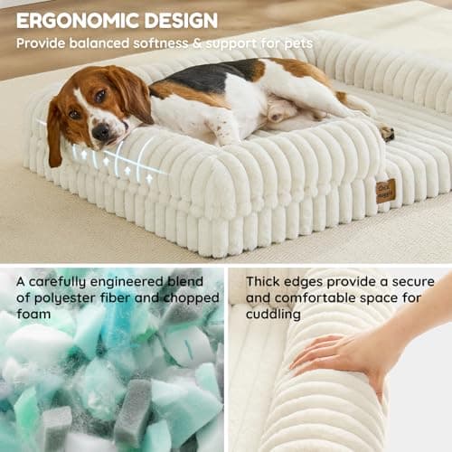 Orthopedic Dog Bed for Large Dogs, Washable Dog Bed with Faux Rabbit Fur Waterproof Cover, High Density Egg Crate Foam Support with 3-Sided Bolsters for Senior Dogs, Non-Skid Bottom,35x28x7, Cream - Thumbnail 2