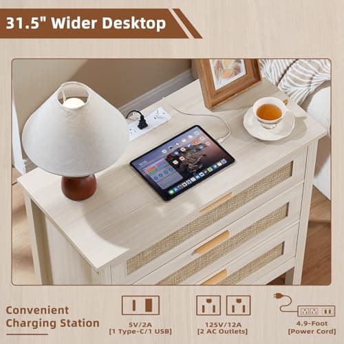 LEYAOYAO 31.5" Wide Rattan Night Stand with Charger Station, Large Boho 3 Drawer Nightstand, Grey White Bedside Table with Storage, 30" Tall Bed Side End Tables for Bedroom, Living Room, Hallway - Thumbnail 4