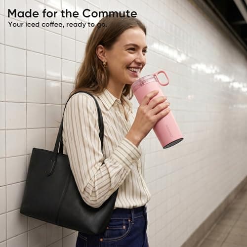 KISSKIND 20 Oz Iced Coffee Tumbler with Hidden Straw, Insulated Stainless Steel Coffee Tumbler, Leakproof Ceramic Lined Travel Cup for Subway Commuting, Slim Tumbler for To-Go, Peach Sorbet - Thumbnail 2