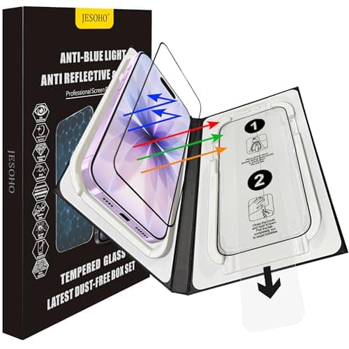 JESOHO Blue Light Screen Protector for iPhone 17/16 Pro (6.3 inch) Anti Reflective 9H Hardness Shatterproof HD Tempered Glass Easy Install Stain-resistant Touch Sensitive Scratch Resistant 2 Pack - Image 1
