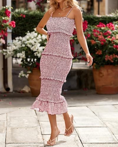 dowerme Women Summer Casual Floral Midi Smocked Bodycon Dresses Spaghetti Strap Square Neck Ruffle Mermaid Prom Dress(Red,Medium) - Thumbnail 3