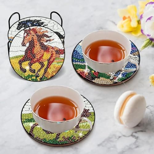Lophomie 8 Pcs Diamond Art Coasters Kits for Adults with Holder Cork Pads, Diamond Painting Coasters, Diamond Dots Coaster Art Crafts Kit DIY Non-Slip for Home Office Decor 4x4in(Horse Theme) - Thumbnail 2
