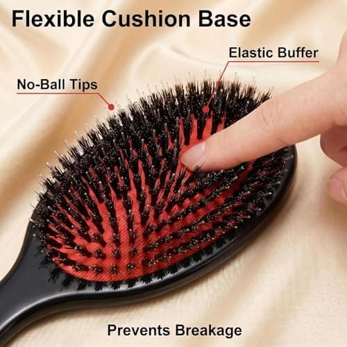 Morsafe Boar Bristle Hair Brush for Women Men Painless Detangling Paddle Brush for Curly Fine Tangled Hair, Anti-frizz Boar Nylon Bristle Cushioned Brush, Includes Cleaning Tool - Thumbnail 4