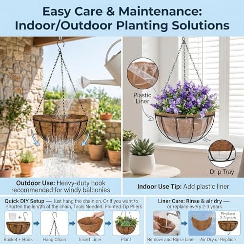 Kingbuy 8" Metal Hanging Basket for Small Succulents & Herbs – 5" Depth Rust-Resistant Wire with Coconut Liner & Chain for Kitchen Window, Balcony & Small Spaces - 2 Pack - Thumbnail 4