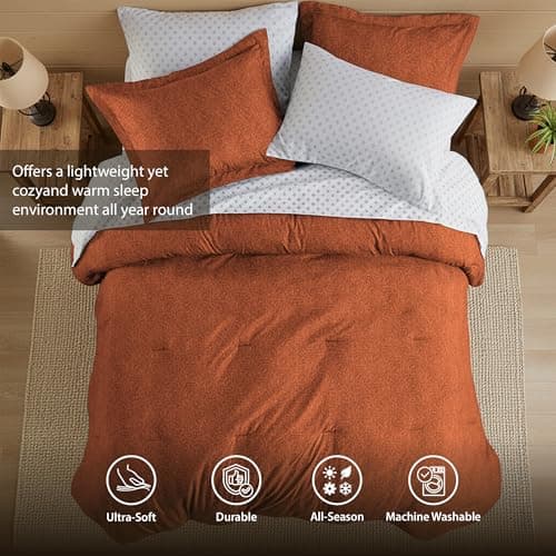 Regency Heights Full Size Comforter Set, Lightweight 7 Pieces Burnt Orange Bed in a Bag All Season Chambray Print Bedding Set Ultra Soft Comforter, Farmhouse Sheets, Pillowcase & Sham - Thumbnail 4