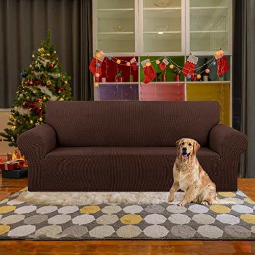 KEKUOU Stretch Sofa Cover Slipcover ，Couch Covers for 3 Cushion Couch Sofa pet Friendly (78"-94") Furniture Protector Sofa with Elastic Bottom for Kids,Dog, Jacquard Small Checked(Large,Chocolate) - Thumbnail 2