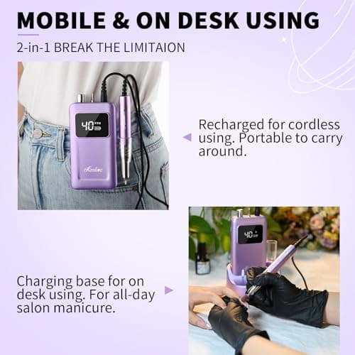 Kredioo Professional Nail Drill Brushless 40,000RPM Rechargeable 2-in-1 Portable Electric Nail File Ultra Silent Salon Must Haves Nail Tool Kit Removing Acylic Gels-Purple - Thumbnail 4