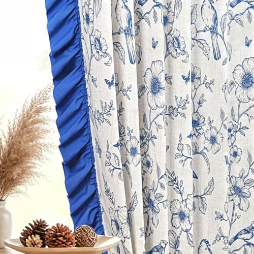 Yinhua Blue Floral Curtains for Living Room 84 Inch Length Farmhouse French Bedroom Curtains with Ruffle Tieback, Linen Light Filtering Window Curtain Rod Pocket Back Tab Drapes, 52"W x 84"L, 2 Panels - Image 1