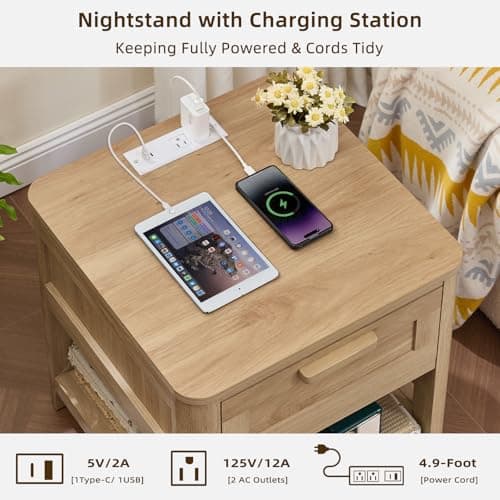Joaxswe Farmhouse Night Stand Set of 2 with Charging Station, Natural - Thumbnail 4