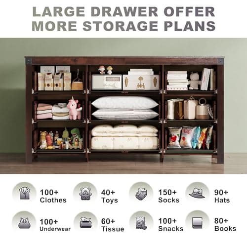 GALAXHERO Farmhouse TV Stand, 63" Wide 9-Drawer Storage Organizer, Wood TV Console for Living Room, Office, for 70 inch TV, Ball Bearing Slide, Brown - Thumbnail 3