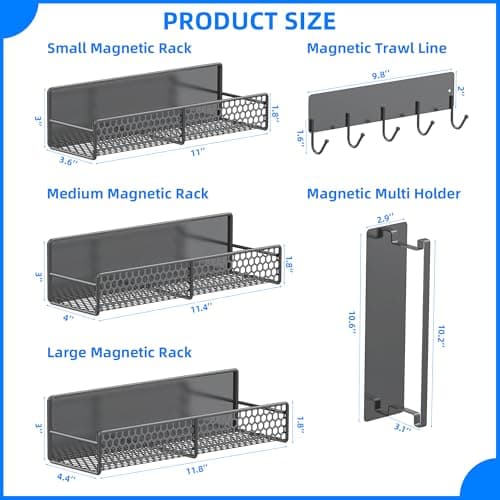 JulktLli 5 Pack Multifunctional Magnetic Shelves for Washing Machine & Refrigerator - Heavy Duty Laundry Room Organization System with Tool Hooks, Metal Storage Baskets (Grey) - Thumbnail 2