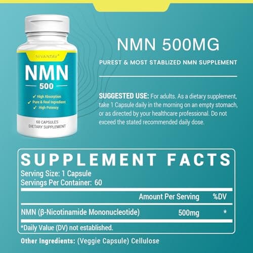 NMN Supplement, 99% Pure NMN 500mg for NAD+, 60 Capsules (60 Days Supply) - Thumbnail 2