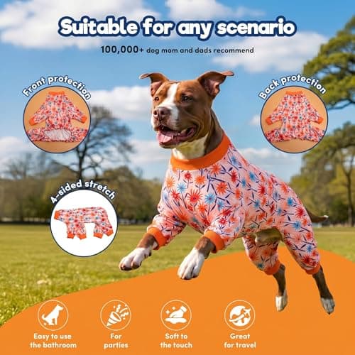 LovinPet Large Dog Clothes Female, Long Sleeve Shirt for Dogs, Anti Licking Dog Pajamas,Stretchy Comfy Fabric, Wildflowers Flame Print, Pajamas for Pitbulls, Onesies for Dogs, Pitbull Clothes, Large - Thumbnail 3