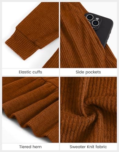 JiAmy Toddler Sweater Dress Girls Winter Square Neck Long Sleeve Tiered Ruffle Casual Dresses with Pocket Camel 4-5 Years - Thumbnail 6