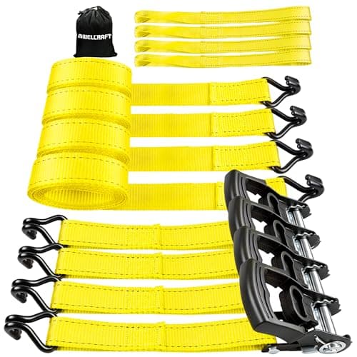 AWELCRAFT Ratchet Straps(4 Pack),3300lb Breaking Strength,1.5in×10ft Heavy Duty Tie Down Ratcheting with Padded Handles,Double J Hooks & 4 Soft Loops for Trailer,Trucks,Motorcycle(Yellow) - Image 1