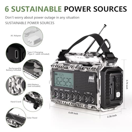 Emergency Radio 12000mAh AUTO NOAA Weather Radio, Solar Hand Crank Portable AM/FM Shortwave Radio with Rechargeable Battery Powered, Flashlight, Reading Lamp, SOS Alarm for Indoor Outdoor Emergencies - Thumbnail 3