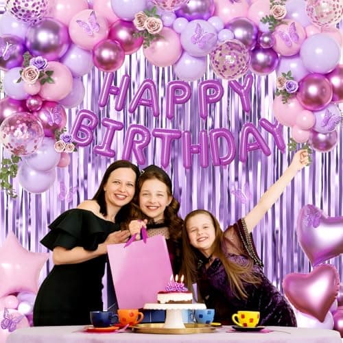 Purple Pink Birthday Decorations, Metallic Magenta Purple Lavender Balloons Confetti Foil Balloons Happy birthday Banner Butterfly Fringe Curtains Birthday Decorations for Women Teens Girls - Thumbnail 3