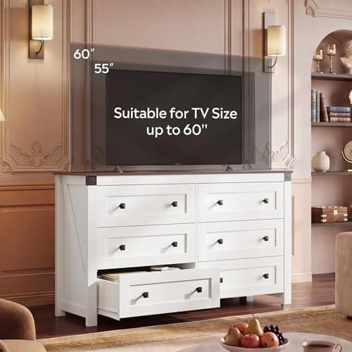 GALAXHERO Farmhouse TV Stand, 53.07'' Wide 6-Drawer Wood Storage Unit, with Double Rustic Handle, TV Console for 60 inch TV, Modern Storage Organizer for Living Room, Office, White - Thumbnail 5