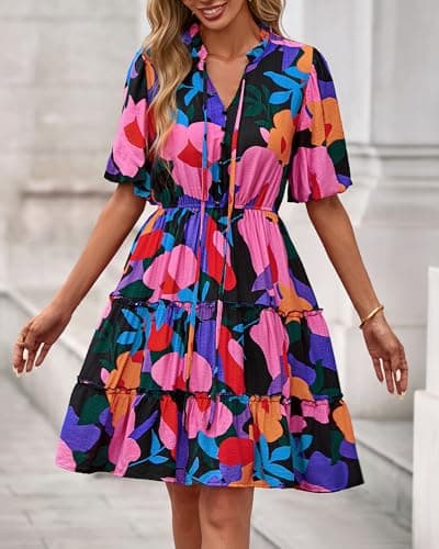 BTFBM Women Summer Floral Short Dresses V Neck Short Sleeve Tiered Ruffle Boho Swing Dress A-Line Mini Dresses(Floral Black,Medium) - Thumbnail 2