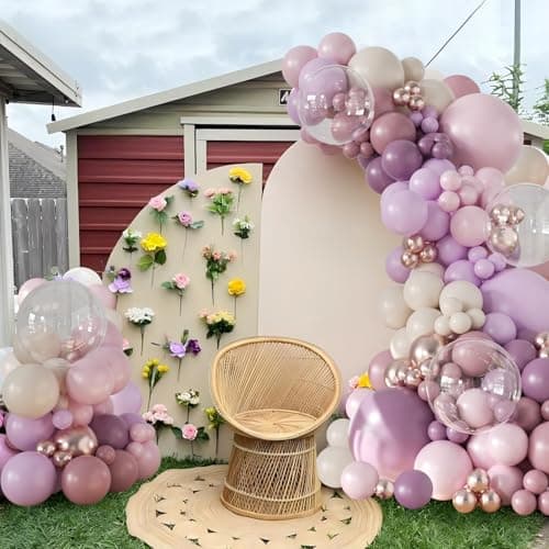Purple Balloon Arch Kit 132Pcs purple and Pink Balloon Garland Arch Kit with Dusty Light Pink Gold Pink White Clear Balloons for Birthday Baby Shower Bridal Shower Wedding Decorations - Thumbnail 2