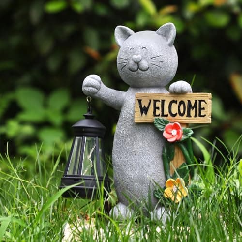 Json Garden Statue Solar Cat Figurine with Lantern, Solar Garden Decorations Statues for Patio, Balcony, Yard Ornament, Unique House Warming Gifts Figurine Lights, Gifts for Women, Mom - Thumbnail 6
