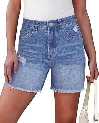 SEASEESI Jean Shorts for Women Trendy High Waisted Stretchy Ripped Denim Summer Frayed Raw Hem Mom Long Shorts Cutoff 2026 Jorts（Medium Blue XL） - Image 1