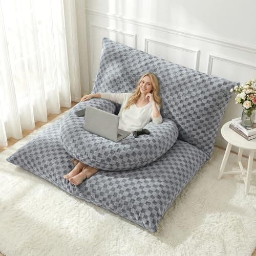 HABUTWAY 3 in 1 Bean Bag Chair with Portable U-Shaped Pillow, Giant Bean Bag with Washable Cover, Convertible Sofa Bed (Light Grey)