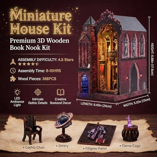 Book Nook Kit, DIY Miniature House Dollhouse Crafts Kit for Adults and Teens, Magic Castle 3D Wooden Puzzle Booknook Build Bookshelf Decor, Gifts for Family and Friends（Arcane Sprire） - Thumbnail 4