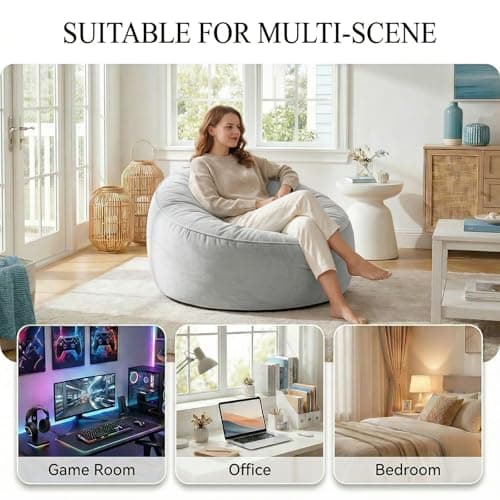 Cecilia magic box Bean Bag Chair 3ft, Large Bean Bag with Memory Foam Filler, BeanBag with Ultra Soft Faux Fur Fabric Washable, Lazy Sofa for Gameroom Living Room Bedroom Office, Grey - Thumbnail 6
