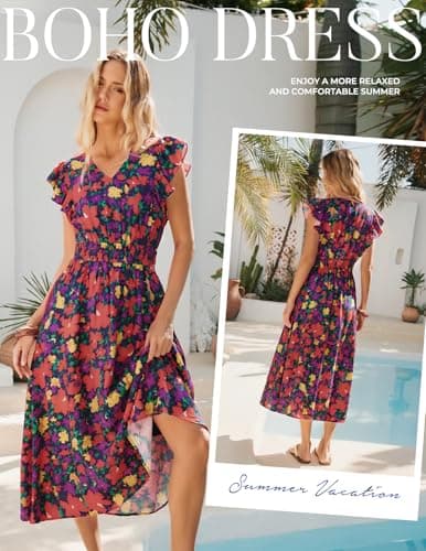 Women's Beach Dress, Casual Floral Summer Maxi Dresses, Short Sleeve Long Flowy Bohemian Vacation Sundress(Navy Blue,M) - Thumbnail 4