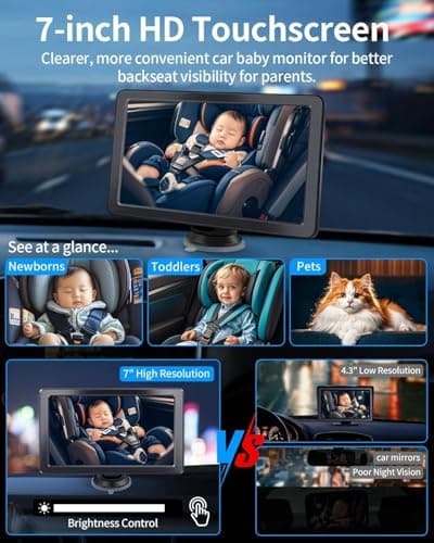 Faninso Baby Car Camera, 1296P HD Car Baby Monitor with 7" Touchscreen, CarPlay, No‑Glow Night Vision, 150° Wide Angle, Live Rear‑Seat View, Easy Installation, Alternative to Rear Facing Mirrors - Thumbnail 5