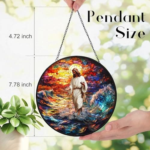 Zizzie Stained Glass Jesus Suncatcher - 7.9" Real Glass Walking on Water Window Hanging, Weatherproof Christian Religious Decor, Overcoming Storms Sympathy Faith Gift for Mom Pastor - Thumbnail 3