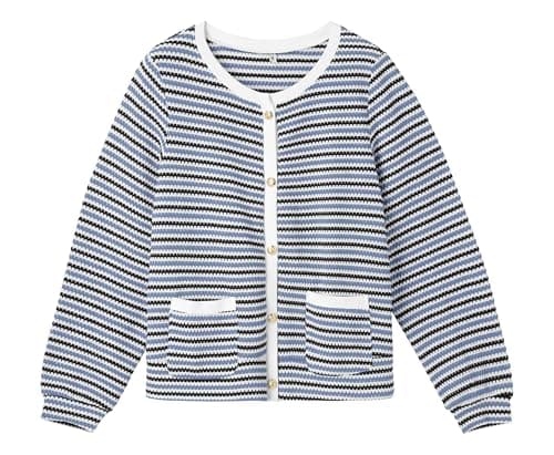 Women's Blue Black Casual Dressy Stirped Cardigan with Patch Pocket Sweaters Crew Neck Lady Lightweight Jacket 2024 Fall Winter Size M - Image 1