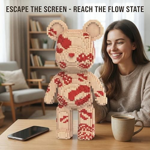 SehrKlug 16.9" Kiss Bear Teddy Blocks Building Set for Adults, Ages 14+, Micro Brick DIY Model Kit Challenge, Collectible Home Decor for Office or Bedroom, Screen-Free Stress Relief, Birthday Gifts - Thumbnail 5