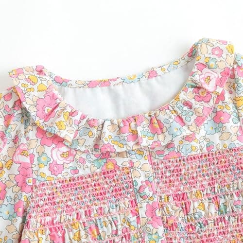 Curipeer Little Baby Girls Long Sleeve Floral Casual Dress Handmade Smocking Toddler Ruffle Dress for Autumn and Spring Pink 3T - Thumbnail 4