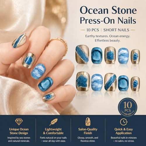 Handmade Nails Blue 3D Press On Nails Acrylic Press Ons Short Handmade Natural Nails Durable Press On Nails Ladies Gifts COOLYOUNG False Nails, 10 PCS, Size L - Thumbnail 5
