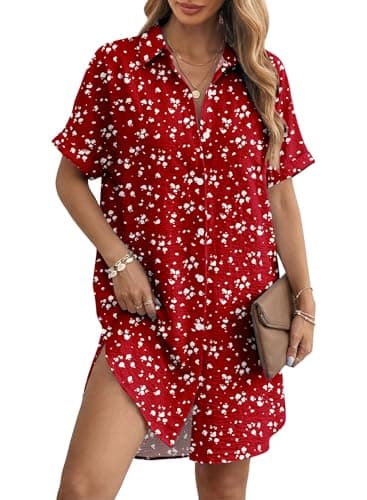 Magritta Ladies Cozy Suit Coverup Red Polka Dot Button Down Short Sleeve Shirt Dress Comfortable Boho Stylish Beachwear for Vacation Trip M - Image 1